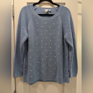 Elle 100% cotton blue sweater with white "dots" on front.